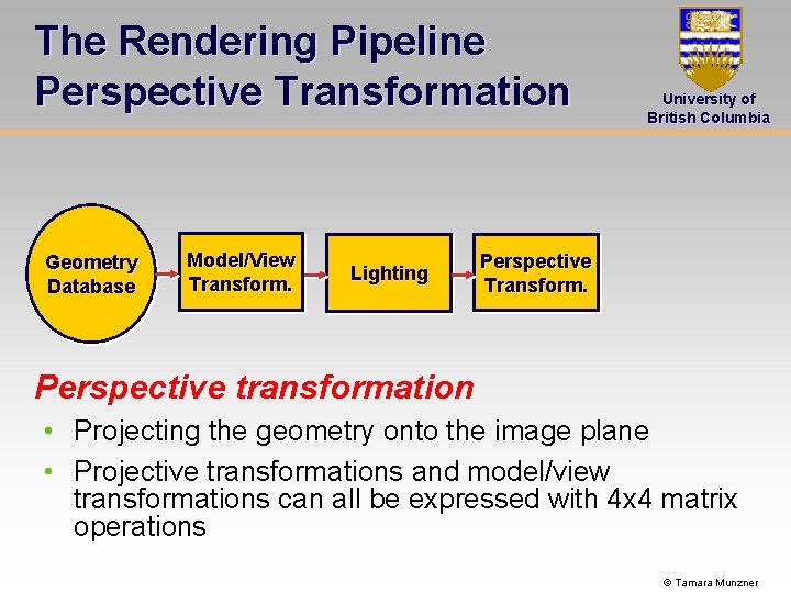 The Rendering Pipeline Perspective Transformation Geometry Database Model/View Transform. Lighting University of British Columbia