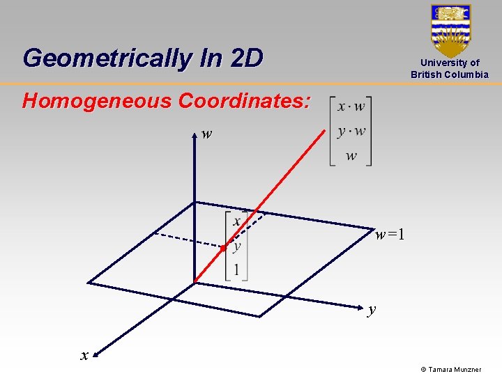 Geometrically In 2 D University of British Columbia Homogeneous Coordinates: w w=1 y x
