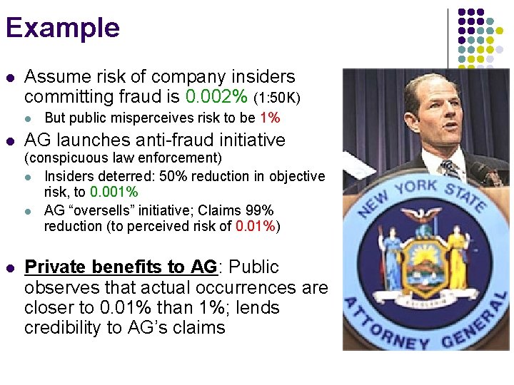 Example l Assume risk of company insiders committing fraud is 0. 002% (1: 50