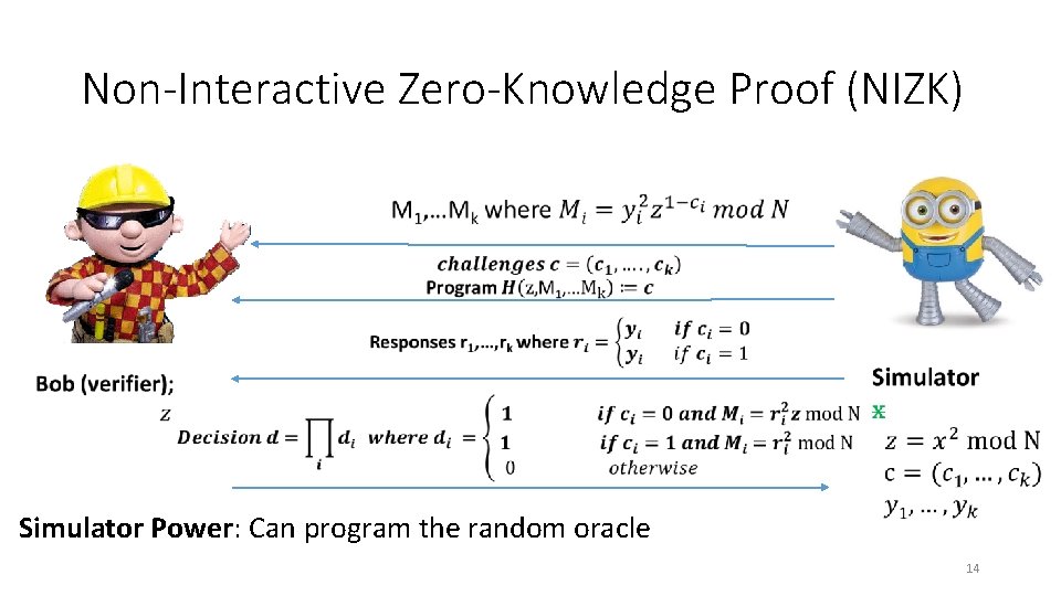 Non-Interactive Zero-Knowledge Proof (NIZK) Simulator Power: Can program the random oracle 14 
