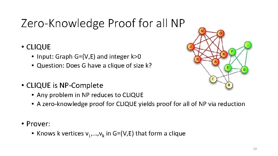 Zero-Knowledge Proof for all NP • CLIQUE • Input: Graph G=(V, E) and integer