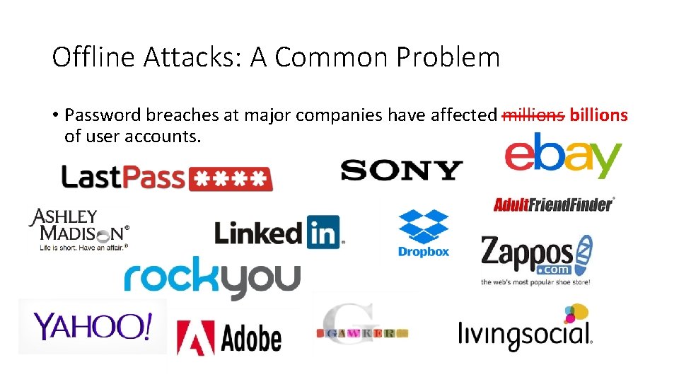 Offline Attacks: A Common Problem • Password breaches at major companies have affected millions Offline Attacks: A Common Problem • Password breaches at major companies have affected millions