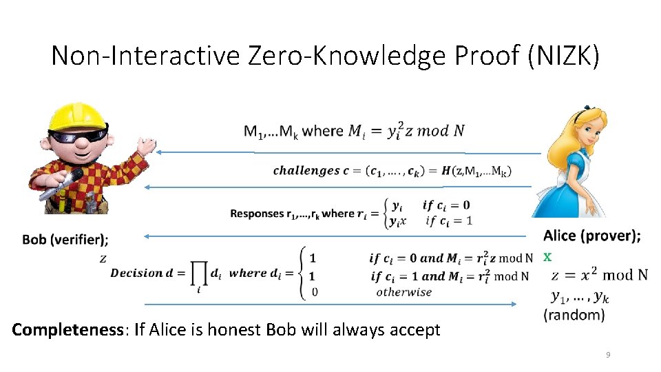 Non-Interactive Zero-Knowledge Proof (NIZK) Completeness: If Alice is honest Bob will always accept 9