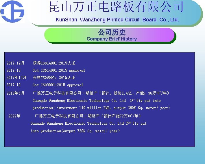昆山万正电路板有限公司 Kun. Shan Wan. Zheng Printed Circuit Board Co. , Ltd. 公司历史 Company Brief 昆山万正电路板有限公司 Kun. Shan Wan. Zheng Printed Circuit Board Co. , Ltd. 公司历史 Company Brief