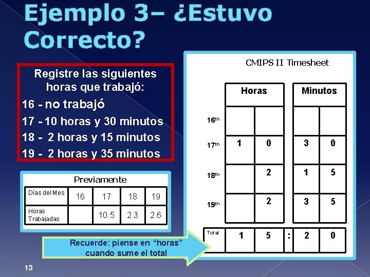 Ejemplo 3– ¿Estuvo Correcto? CMIPS II Timesheet Registre las siguientes horas que trabajó: 16