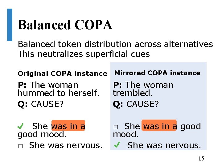 Balanced COPA Balanced token distribution across alternatives This neutralizes superficial cues Original COPA instance