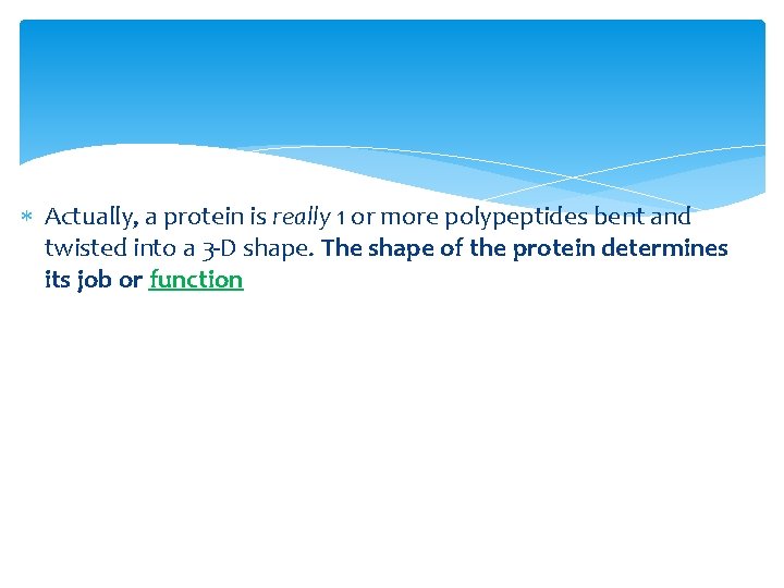  Actually, a protein is really 1 or more polypeptides bent and twisted into