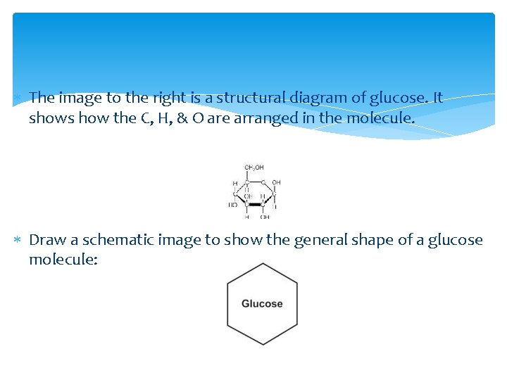  The image to the right is a structural diagram of glucose. It shows