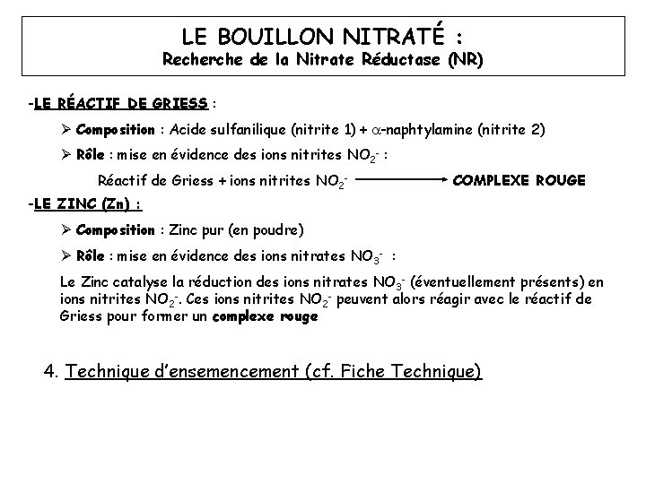 LE BOUILLON NITRATÉ : Recherche de la Nitrate Réductase (NR) -LE RÉACTIF DE GRIESS