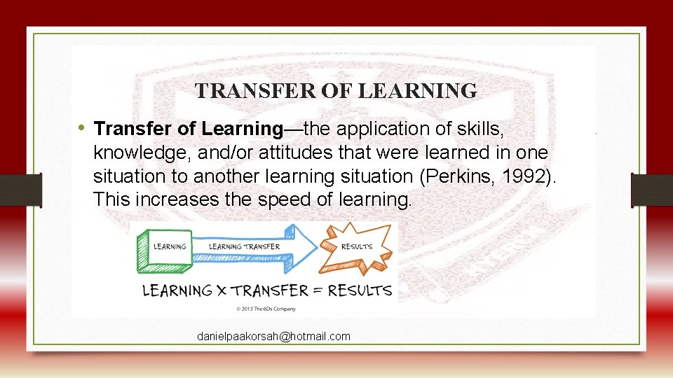 TRANSFER OF LEARNING • Transfer of Learning—the application of skills, knowledge, and/or attitudes that