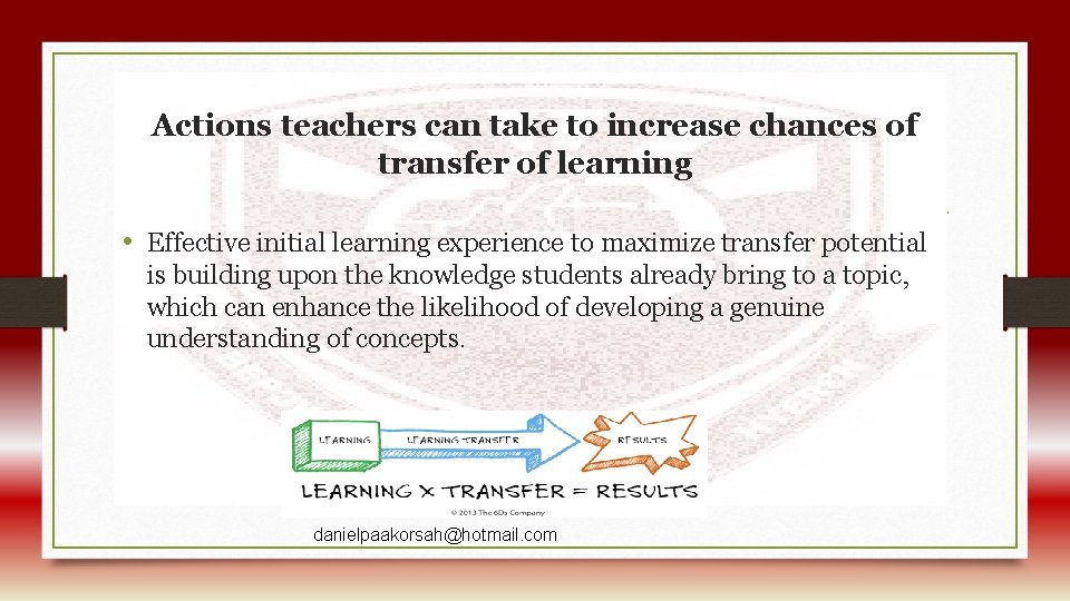 Actions teachers can take to increase chances of transfer of learning • Effective initial