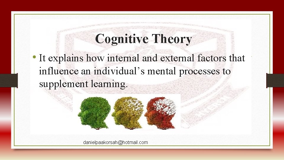 Cognitive Theory • It explains how internal and external factors that influence an individual’s
