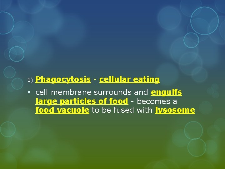 1) Phagocytosis - cellular eating § cell membrane surrounds and engulfs large particles of