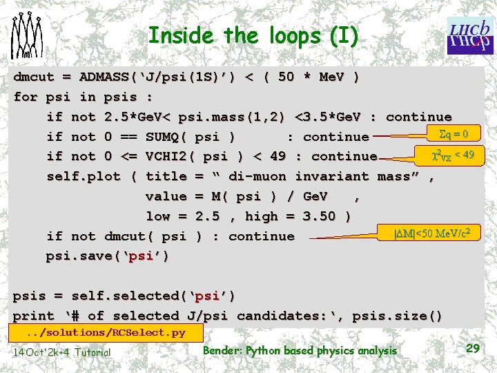 Inside the loops (I) dmcut = ADMASS(‘J/psi(1 S)’) < ( 50 * Me. V