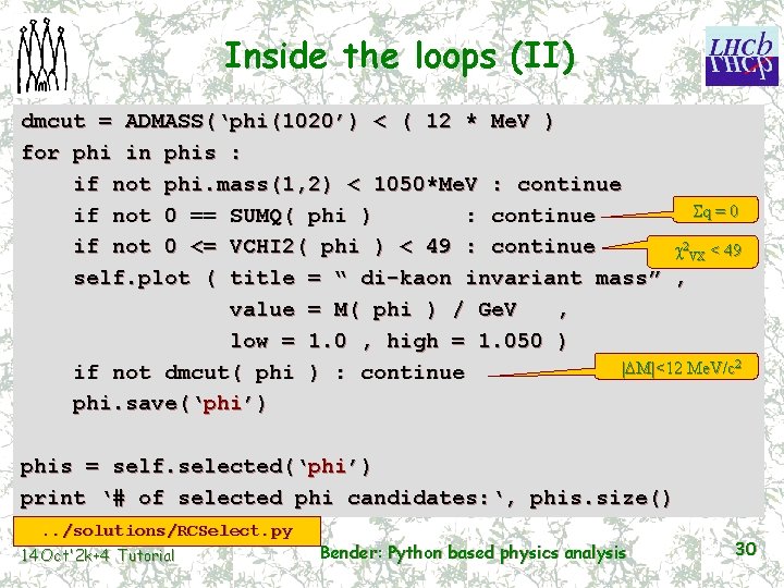 Inside the loops (II) dmcut = ADMASS(‘phi(1020’) < ( 12 * Me. V )