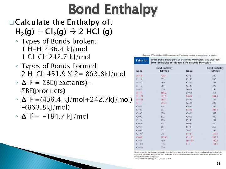 � Calculate Bond Enthalpy the Enthalpy of: H 2(g) + Cl 2(g) 2 HCl