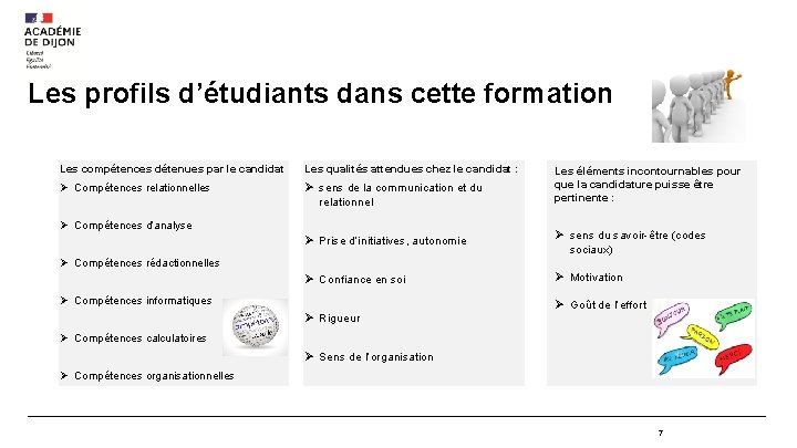 Les profils d’étudiants dans cette formation Les compétences détenues par le candidat Les qualités