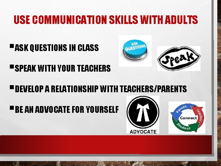 USE COMMUNICATION SKILLS WITH ADULTS ASK QUESTIONS IN CLASS SPEAK WITH YOUR TEACHERS DEVELOP