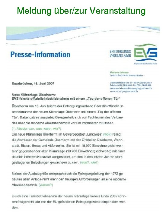 Meldung über/zur Veranstaltung 