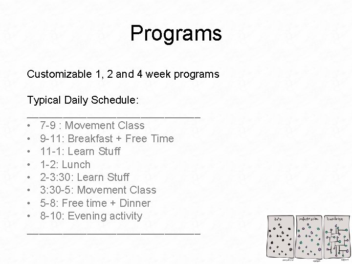 Programs Customizable 1, 2 and 4 week programs Typical Daily Schedule: _______________ • 7