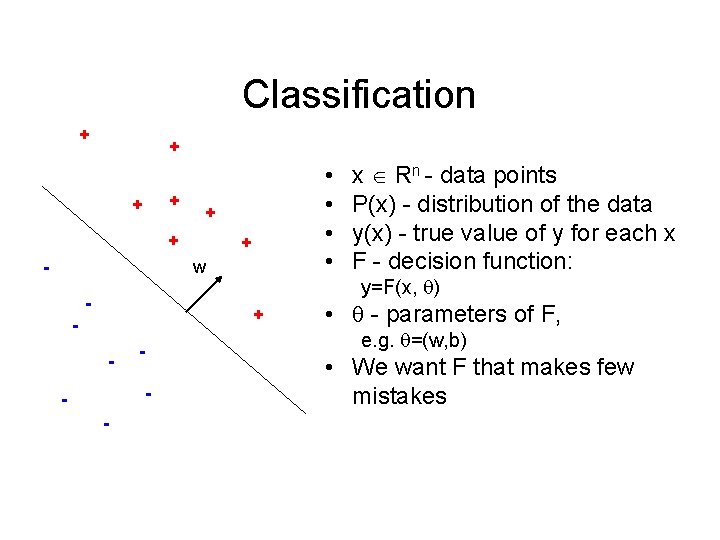 Classification + + + - • • + w - + - y=F(x, )