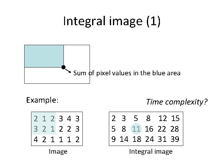 Integral image (1) Sum of pixel values in the blue area Example: 2 1 Integral image (1) Sum of pixel values in the blue area Example: 2 1