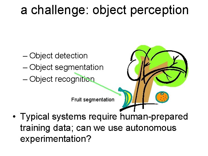 a challenge: object perception – Object detection – Object segmentation – Object recognition Fruit a challenge: object perception – Object detection – Object segmentation – Object recognition Fruit