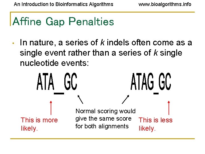 An Introduction to Bioinformatics Algorithms www. bioalgorithms. info Affine Gap Penalties • In nature, An Introduction to Bioinformatics Algorithms www. bioalgorithms. info Affine Gap Penalties • In nature,