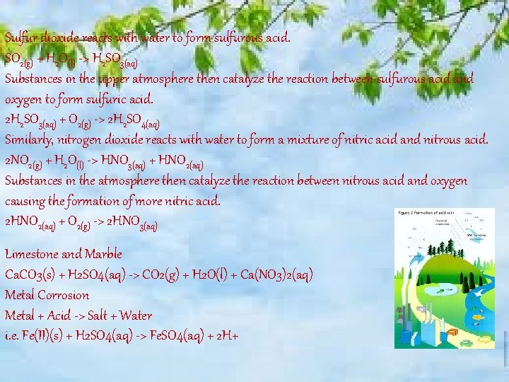 Sulfur dioxide reacts with water to form sulfurous acid. SO 2(g) + H 2