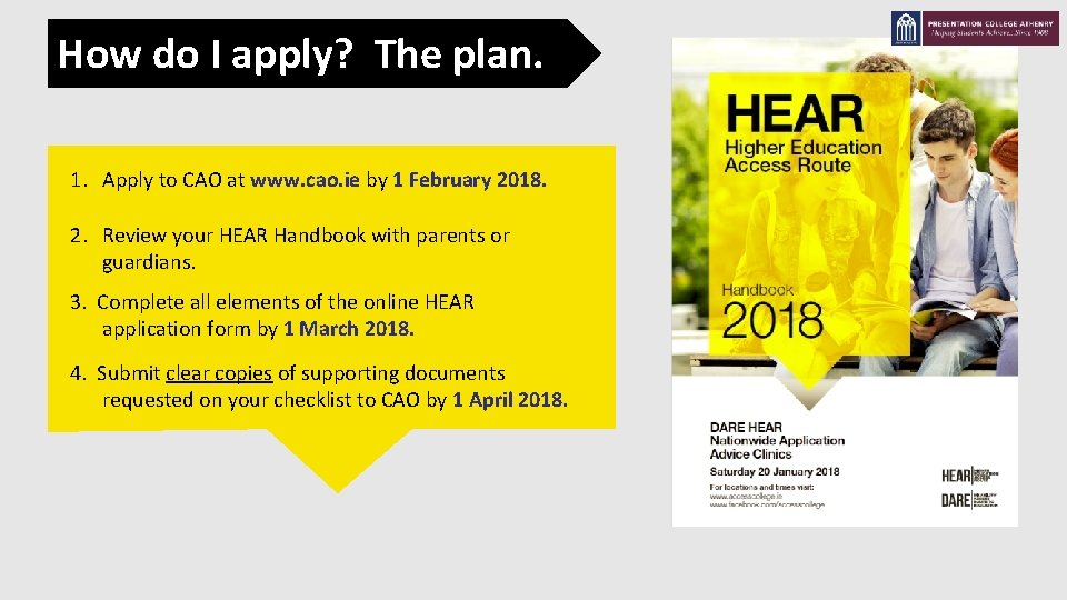 How do I apply? The plan. 1. Apply to CAO at www. cao. ie