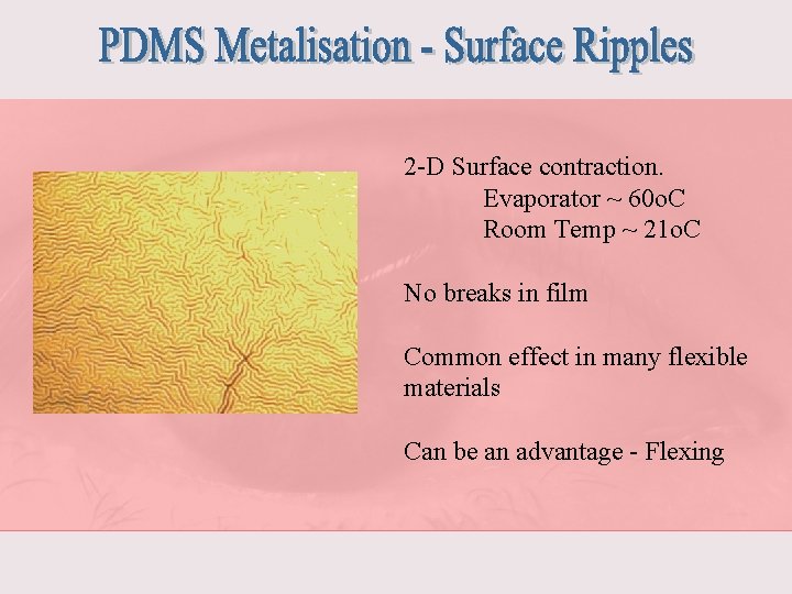 2 -D Surface contraction. Evaporator ~ 60 o. C Room Temp ~ 21 o.