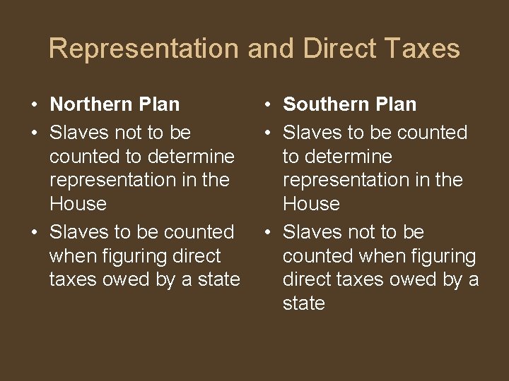 Representation and Direct Taxes • Northern Plan • Slaves not to be counted to