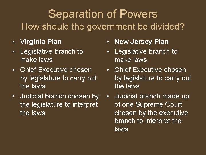 Separation of Powers How should the government be divided? • Virginia Plan • Legislative