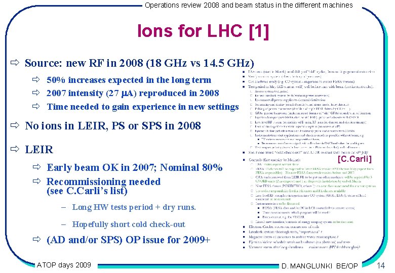 Operations review 2008 and beam status in the different machines Ions for LHC [1]