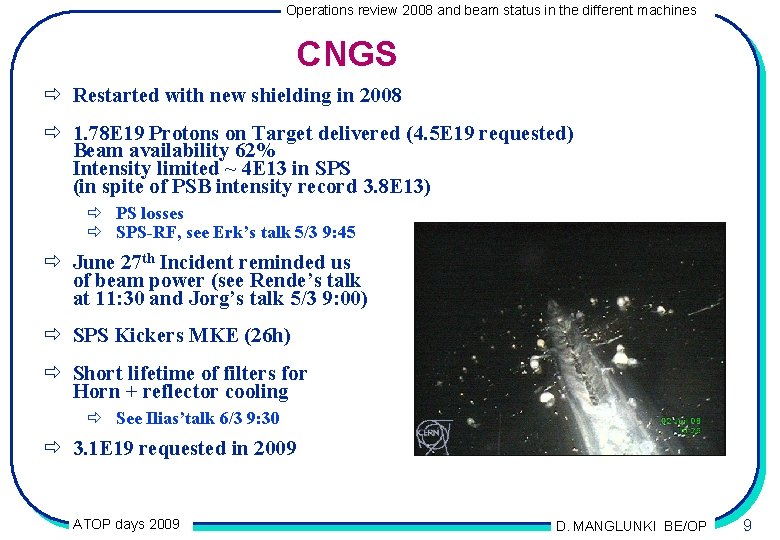 Operations review 2008 and beam status in the different machines CNGS ð Restarted with