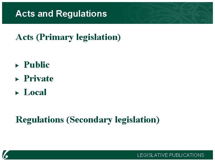 Acts and Regulations Acts (Primary legislation) Public Private Local Regulations (Secondary legislation) LEGISLATIVE PUBLICATIONS