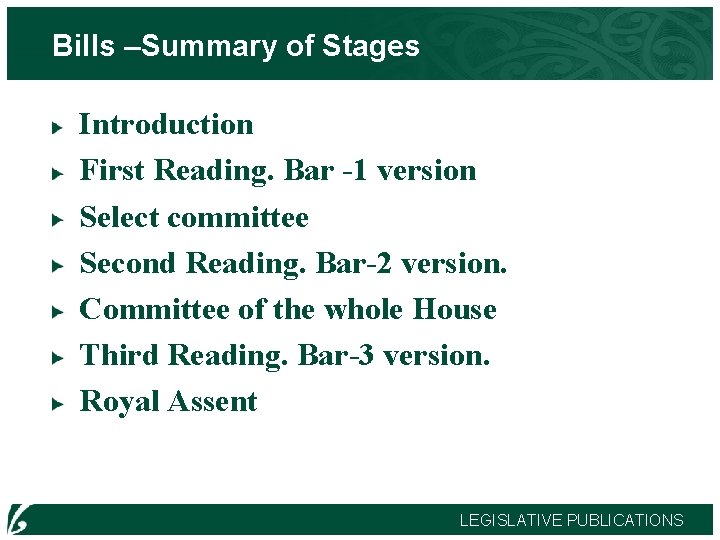 Bills –Summary of Stages Introduction First Reading. Bar -1 version Select committee Second Reading.
