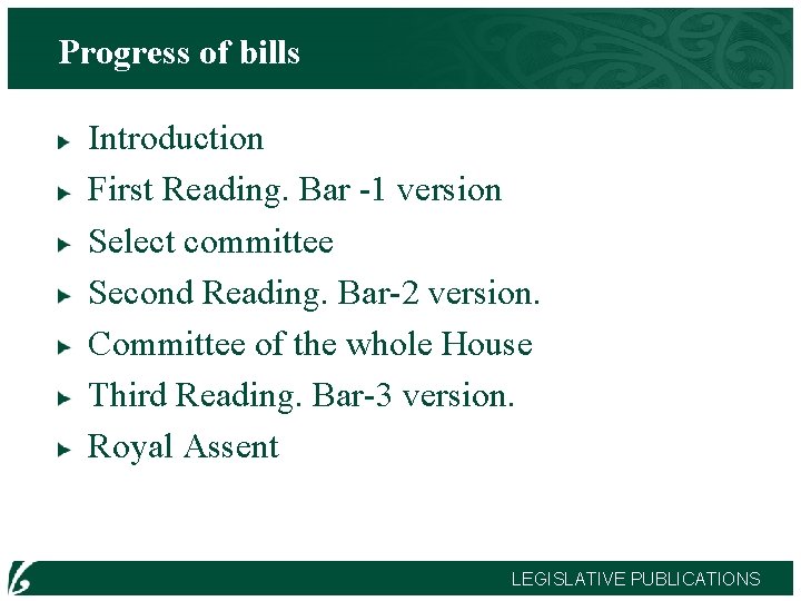 Progress of bills Introduction First Reading. Bar -1 version Select committee Second Reading. Bar-2