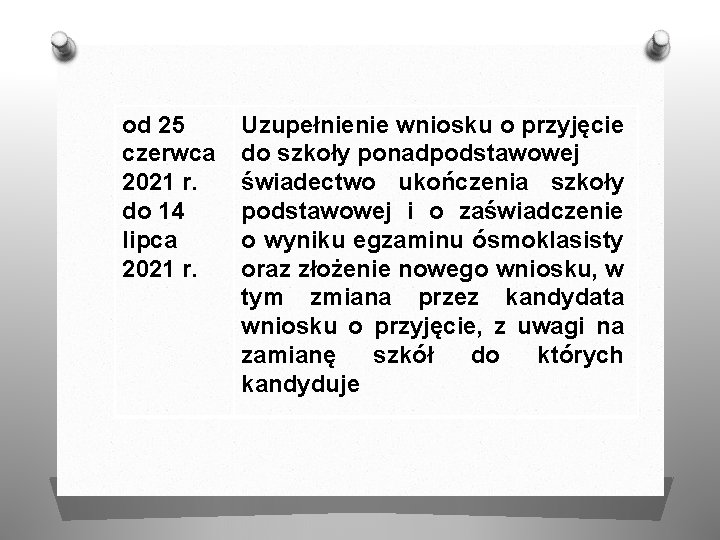 od 25 czerwca 2021 r. do 14 lipca 2021 r. Uzupełnienie wniosku o przyjęcie