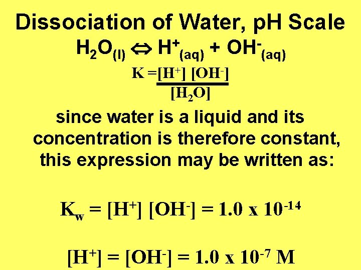 Dissociation of Water, p. H Scale H 2 O(l) H+(aq) + OH-(aq) K =[H+]