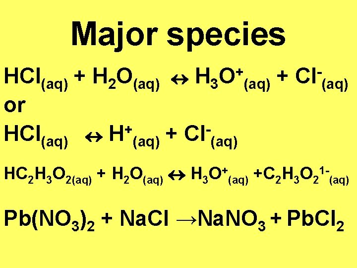 Major species HCl(aq) + H 2 O(aq) H 3 or + HCl(aq) H (aq)