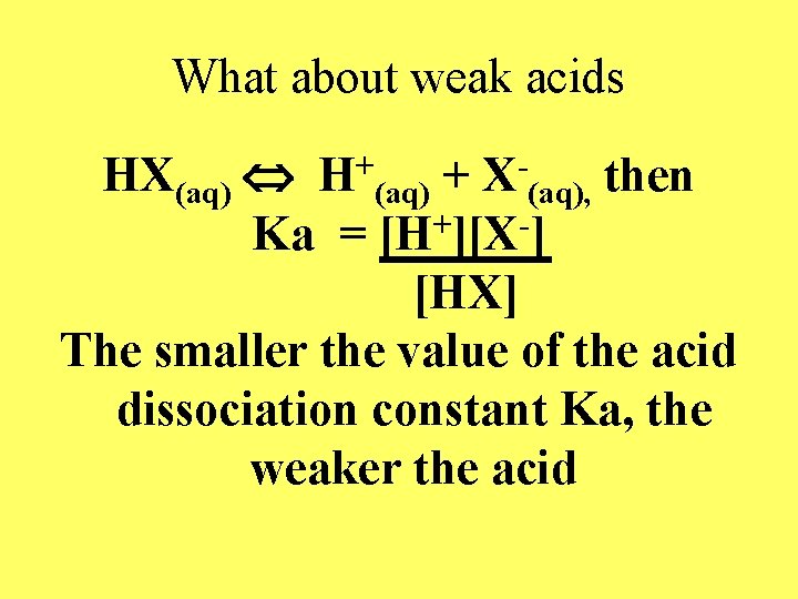 What about weak acids HX(aq) + (aq), then + Ka = [H ][X ]