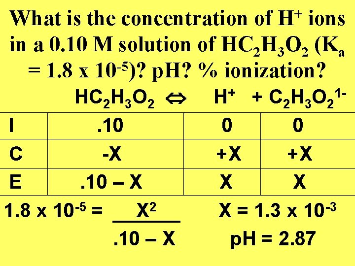 What is the concentration of H+ ions in a 0. 10 M solution of