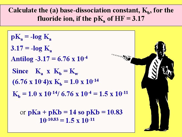 Calculate the (a) base-dissociation constant, Kb, for the fluoride ion, if the p. Ka