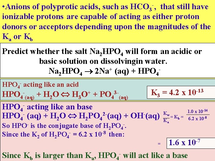  • Anions of polyprotic acids, such as HCO 3 -, that still have