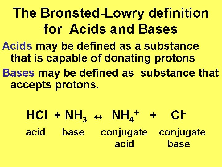 The Bronsted-Lowry definition for Acids and Bases Acids may be defined as a substance
