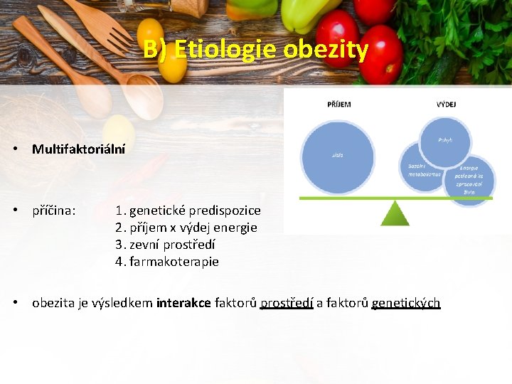 B) Etiologie obezity • Multifaktoriální • příčina: 1. genetické predispozice 2. příjem x výdej
