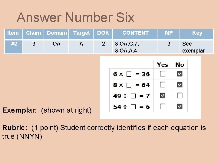 Answer Number Six Item Claim Domain Target DOK #2 3 OA A 2 CONTENT