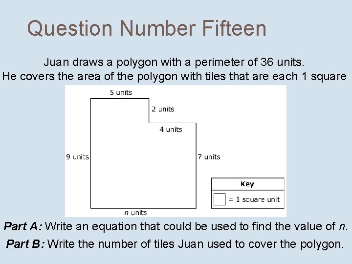 Question Number Fifteen Juan draws a polygon with a perimeter of 36 units. He