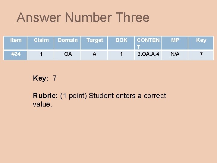 Answer Number Three Item Claim Domain Target DOK #24 1 OA A 1 CONTEN